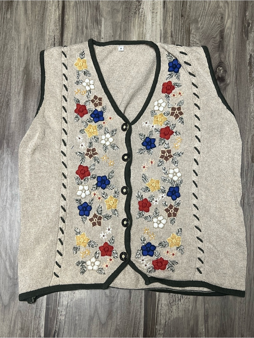 Vintage 90s Cottagecore Floral Embroidered Cotton Linen Sweater Vest M